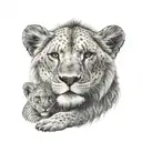 A mother lion with her two cubs, one girl and one boy, in a dotwork style tattoo design idea
