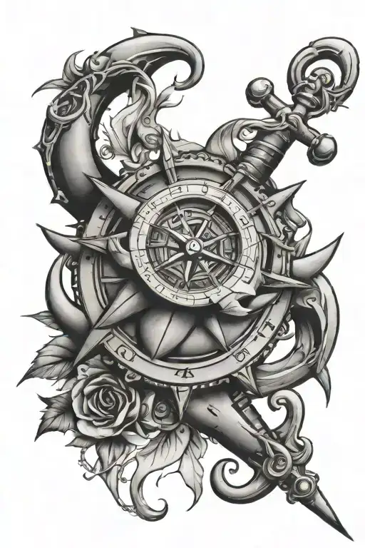 anchor with compass rose surrounded tattoo design idea