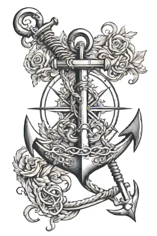 anchor with compass rose with intricate details tattoo design idea