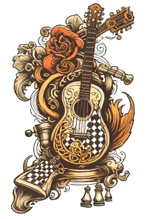 Acoustic guitar, chess piece, 8 ball, the year 2023 tattoo design idea