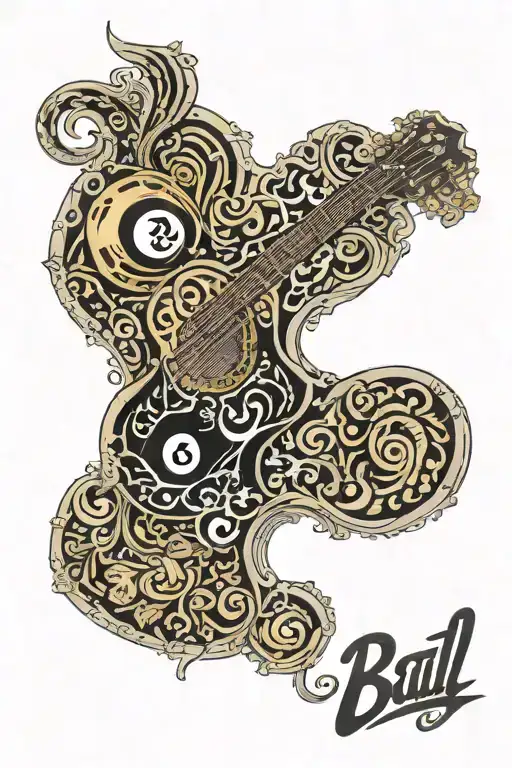 Acoustic guitar, 8 ball, the number 2023 tattoo design idea