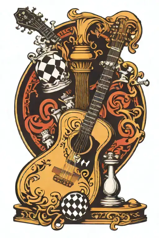An acoustic guitar surrounded by a king chess piece and an 8 ball. Split between left and right the number 2023 tattoo design idea