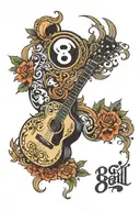 Acoustic guitar, 8 ball, the number 2023 tattoo design idea