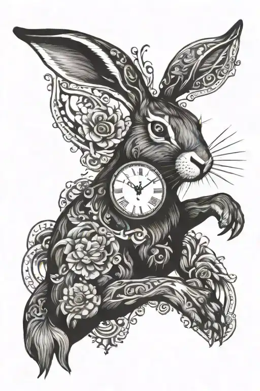 a hare in tattoos looks at the clock on his right hand and shows the middle finger of his left hand tattoo design idea