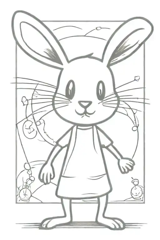 a hare in tattoos cries and looks at the clock on his right hand and shows the middle finger of his left hand forward tattoo design idea