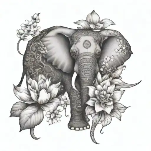 Creating a dotwork tattoo of an elephant and owl surrounded by lotus flowers, symbolizing harmony between animals and nature tattoo design idea