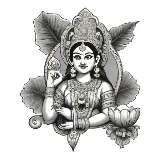 Designing a black-grey tattoo of the Indian goddess Laxmi holding a Cowrie shell, representing wealth and abundance tattoo design idea
