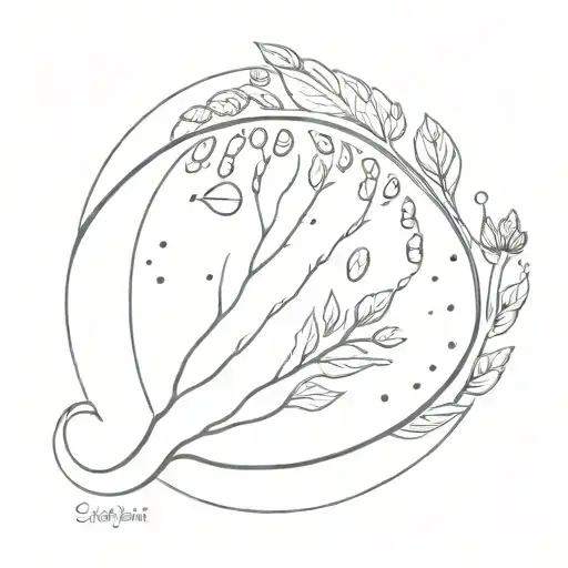 A dotwork tattoo of a Cowrie shell surrounded by delicate nature elements tattoo design idea