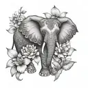 Creating a dotwork tattoo of an elephant and owl surrounded by lotus flowers, symbolizing harmony between animals and nature tattoo design idea