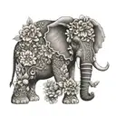 Creating a dotwork tattoo of an elephant and owl surrounded by lotus flowers, symbolizing harmony between animals and nature tattoo design idea