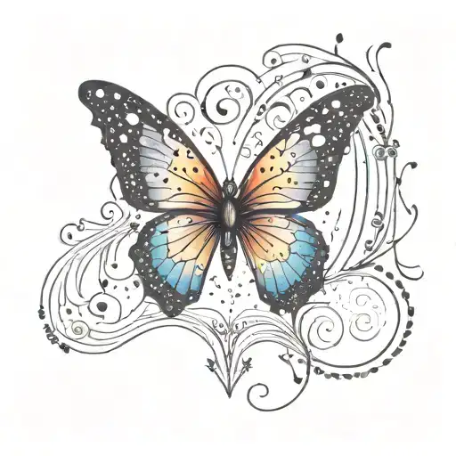 A dotwork design of a rainbow-colored butterfly emerging from a black and grey heart, with small musical symbols scattered around, symbolizing the client's love for music, the beauty of life, and the resilience in the face of breast cancer tattoo design idea