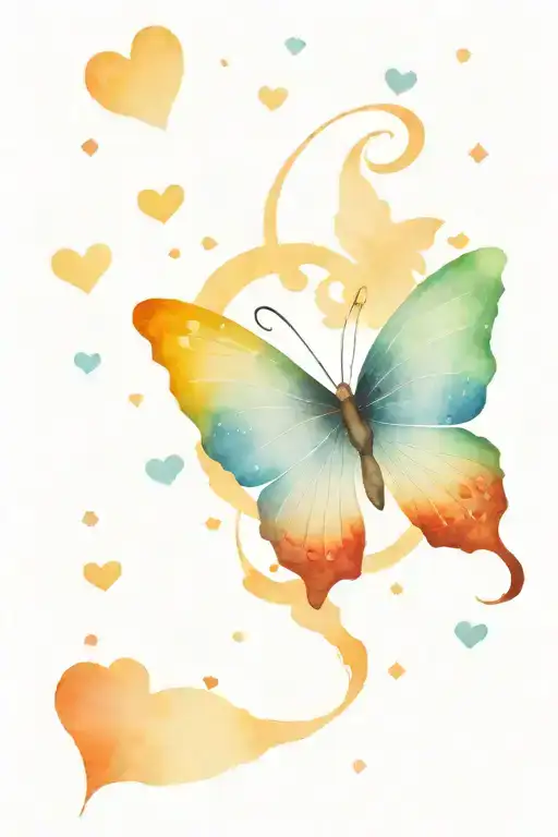 A dotwork design of a rainbow-colored butterfly emerging from a black and grey heart, with small musical symbols scattered around, symbolizing the client's love for music, the beauty of life, and the resilience in the face of breast cancer tattoo design idea