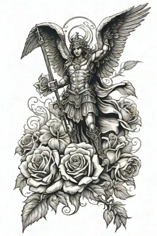 Saint Michael the Archangel and Roses blood tattoo design idea