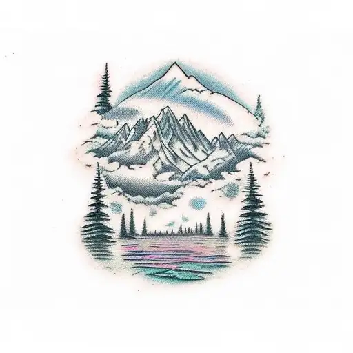 A realistic tattoo of a majestic mountain range with a hidden Louisiana swamp scene within it. tattoo design idea