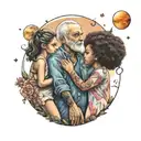 Dad with his two daughters holding hands, staring off into the universe with a theme of unconditional love tattoo design idea