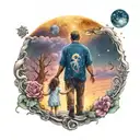Dad with his two daughters holding hands, staring off into the universe with a theme of unconditional love tattoo design idea