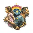 Dad with his two daughters holding hands, staring off into the universe with a theme of unconditional love tattoo design idea