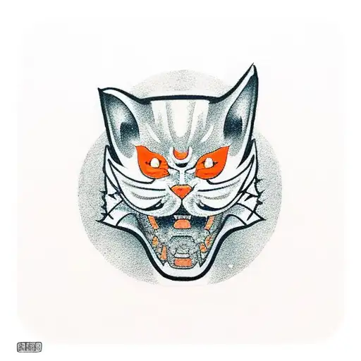 Orange Cat with a mask japanese tattoo design idea