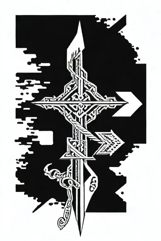 Arrow going downward bold with cross with cross demonstrating faith and strength, and add a heart bold black tattoo design idea