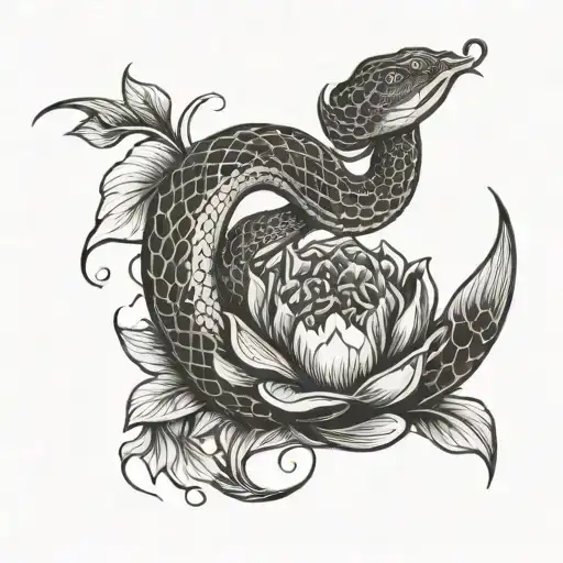 A snake coiled around a lotus flower in a yin-yang design tattoo design idea