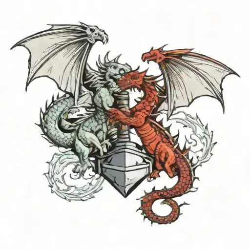 two dragons flying around thor's hammer tattoo design idea