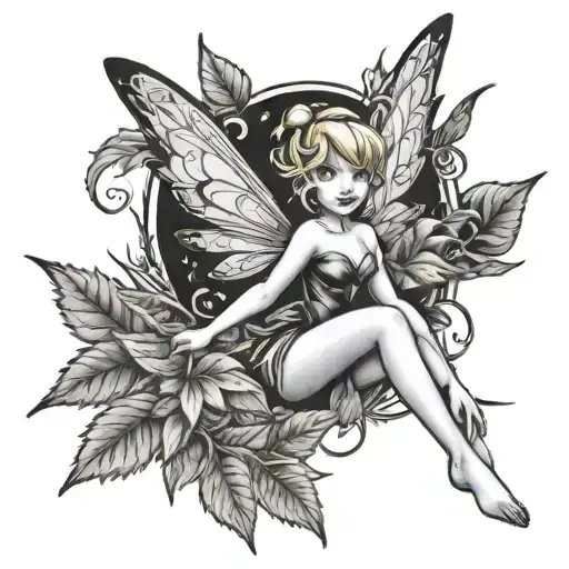 tinkerbell and weed leaves tattoo design idea