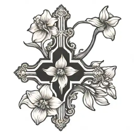 dainty cross and narcissus flower growing tattoo design idea