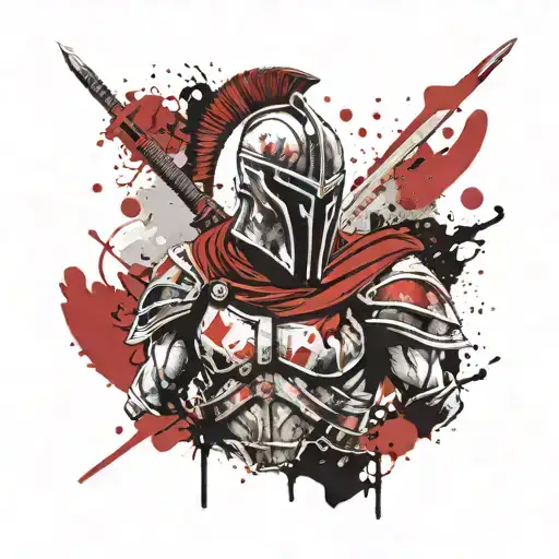 Spartan warrior in black and red, just the face part. zoom in on face and shield tattoo design idea