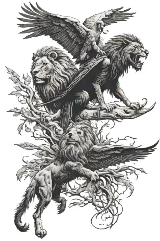 lion and grim reaper with ravens flying tattoo design idea