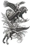 lion and grim reaper with ravens flying tattoo design idea