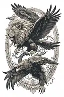 lion and grim reaper with ravens flying tattoo design idea