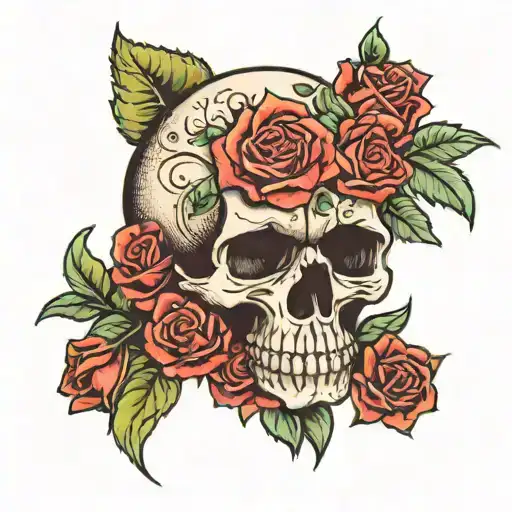 Skull and Roses and Bear sitting tattoo design idea