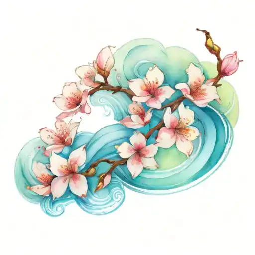 wave lines connected on the sakura flowers tattoo design idea