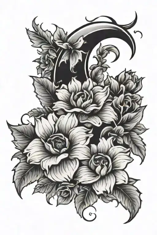 flowers and crescent moon tattoo design idea