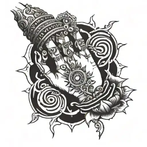 Create a lord vishnu hand with an old school designer bracelet on his wrist with his spinning Chakra on his finger next  tattoo design idea