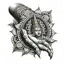 Create a lord vishnu hand with an old school designer bracelet on his wrist with his spinning Chakra on his finger next  tattoo design idea