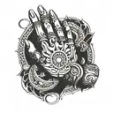 Create a lord vishnu hand with an old school designer bracelet on his wrist with his spinning Chakra on his finger next  tattoo design idea