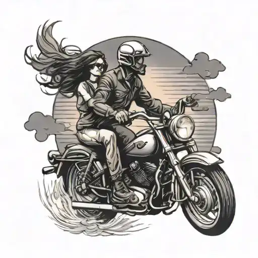 A romantic scene of a couple on a motorcycle riding into the sunset tattoo design idea