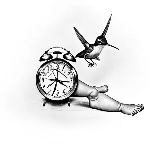 baby Humming bird and baby feet and  time clock tattoo design idea