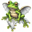 frog with angle wings and ribbon that says Julia tattoo design idea