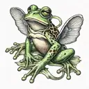 frog with angle wings and ribbon that says Julia tattoo design idea