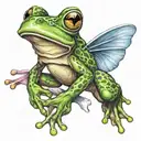 frog with angle wings and ribbon that says Julia tattoo design idea