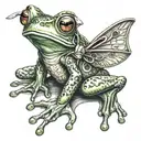 frog with angle wings and ribbon that says Julia tattoo design idea