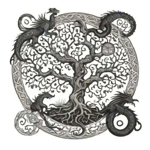 A family tree of life with intricate dragon designs intertwined within the branches tattoo design idea