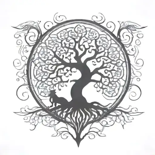A family tree of life with intricate dragon designs intertwined within the branches tattoo design idea