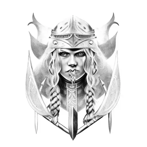 beautiful viking warrior woman with piercing blue eyes war paint on face holding a sword tattoo design idea