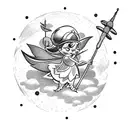 tinker-bell on a mushrooms surrounded by full moon and clouds in the background a pirate ship in the lagoon attack a fly tattoo design idea
