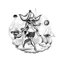 tinker-bell on a mushrooms surrounded by full moon and clouds in the background a pirate ship in the lagoon attack a fly tattoo design idea