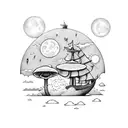 tinker-bell on a mushrooms surrounded by full moon and clouds in the background a pirate ship in the lagoon attack a fly tattoo design idea