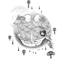tinker-bell on a mushrooms surrounded by full moon and clouds in the background a pirate ship in the lagoon attack a fly tattoo design idea